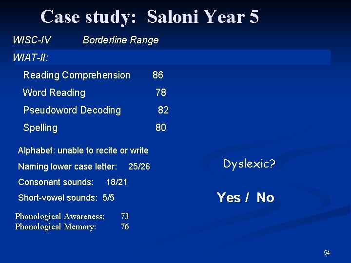 Case study: Saloni Year 5 WISC-IV Borderline Range WIAT-II: Reading Comprehension 86 Word Reading