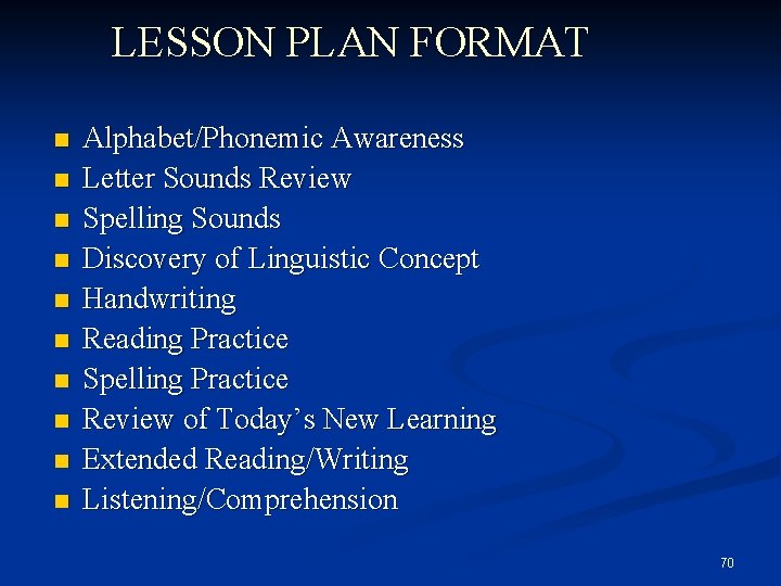 LESSON PLAN FORMAT n n n n n Alphabet/Phonemic Awareness Letter Sounds Review Spelling
