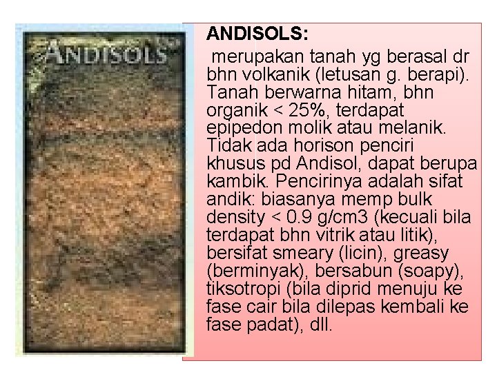  • ANDISOLS: • merupakan tanah yg berasal dr bhn volkanik (letusan g. berapi).