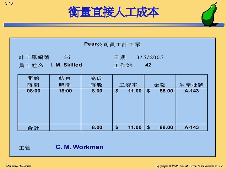 3 -16 衡量直接人 成本 Mc. Graw-Hill/Irwin Copyright © 2008, The Mc. Graw-Hill Companies, Inc. 3 -16 衡量直接人 成本 Mc. Graw-Hill/Irwin Copyright © 2008, The Mc. Graw-Hill Companies, Inc.