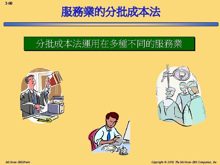 3 -68 服務業的分批成本法運用在多種不同的服務業 Mc. Graw-Hill/Irwin Copyright © 2008, The Mc. Graw-Hill Companies, Inc. 3 -68 服務業的分批成本法運用在多種不同的服務業 Mc. Graw-Hill/Irwin Copyright © 2008, The Mc. Graw-Hill Companies, Inc.