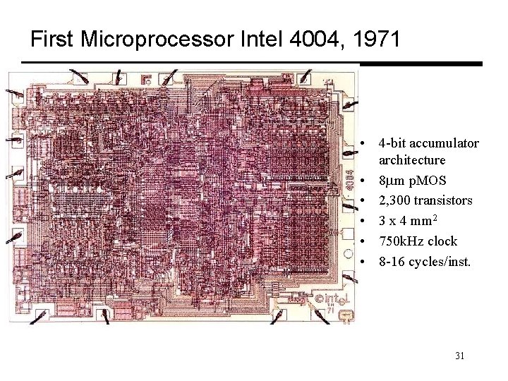 First Microprocessor Intel 4004, 1971 • 4 -bit accumulator architecture • 8 mm p.