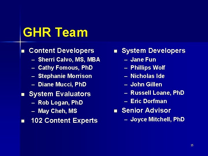 GHR Team n Content Developers – – n System Evaluators 102 Content Experts System