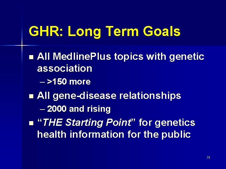 GHR: Long Term Goals n All Medline. Plus topics with genetic association – >150