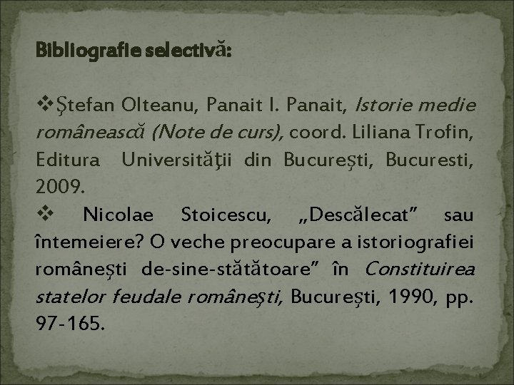 Bibliografie selectivă: vŞtefan Olteanu, Panait I. Panait, Istorie medie românească (Note de curs), coord.