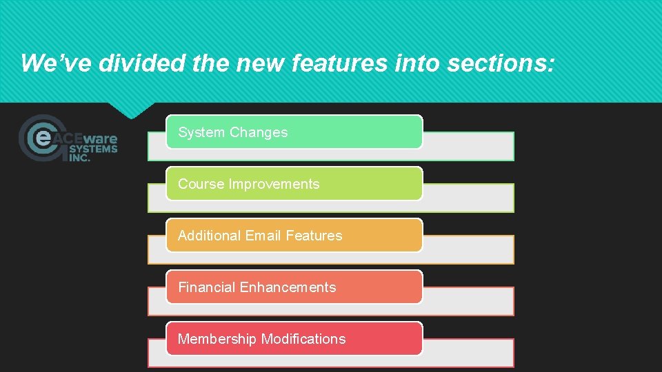 We’ve divided the new features into sections: System Changes Course Improvements Additional Email Features