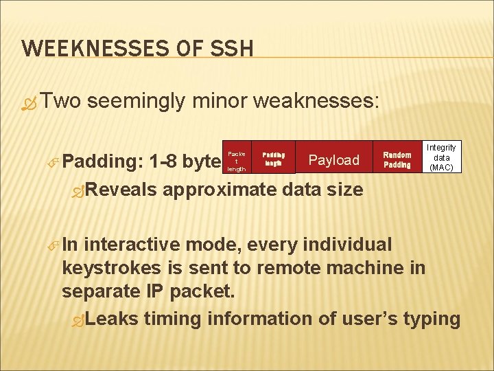 WEEKNESSES OF SSH Two seemingly minor weaknesses: Padding: Payload 1 -8 bytes Reveals approximate