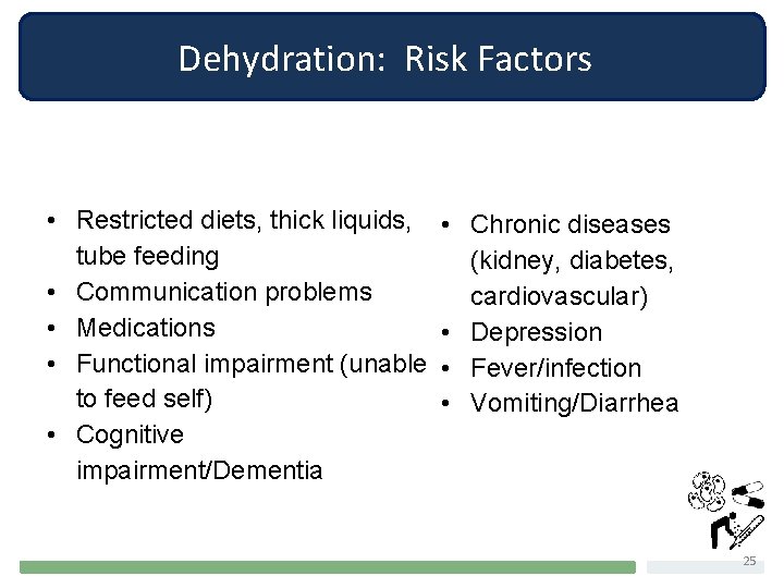 Dehydration: Risk Factors • Restricted diets, thick liquids, • tube feeding • Communication problems