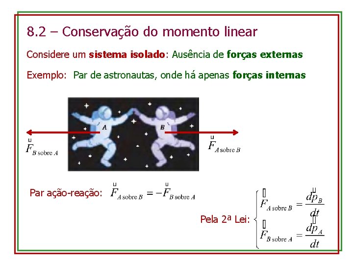 8. 2 – Conservação do momento linear Considere um sistema isolado: Ausência de forças