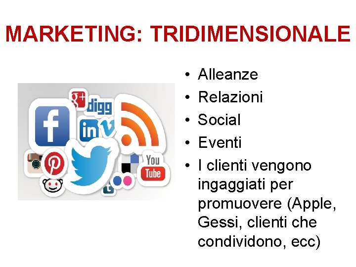 MARKETING: TRIDIMENSIONALE • • • Alleanze Relazioni Social Eventi I clienti vengono ingaggiati per MARKETING: TRIDIMENSIONALE • • • Alleanze Relazioni Social Eventi I clienti vengono ingaggiati per