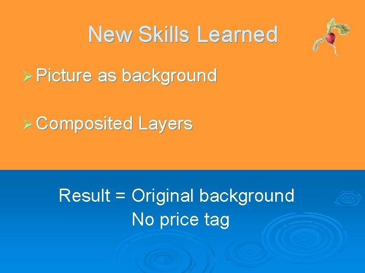 New Skills Learned Ø Picture as background Ø Composited Layers Result = Original background New Skills Learned Ø Picture as background Ø Composited Layers Result = Original background
