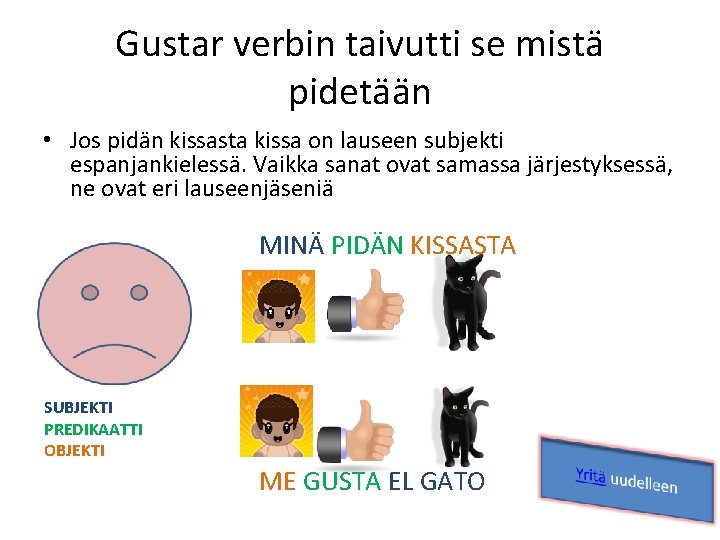 Gustar verbin taivutti se mistä pidetään • Jos pidän kissasta kissa on lauseen subjekti