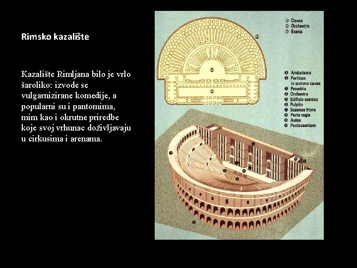 Rimsko kazalište Kazalište Rimljana bilo je vrlo šaroliko: izvode se vulgarnizirane komedije, a popularni