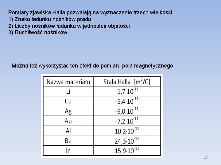Pomiary zjawiska Halla pozwalają na wyznaczenie trzech wielkości 1) Znaku ładunku nośników prądu 2)