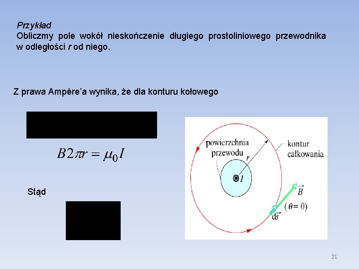 Przykład Obliczmy pole wokół nieskończenie długiego prostoliniowego przewodnika w odległości r od niego. Z