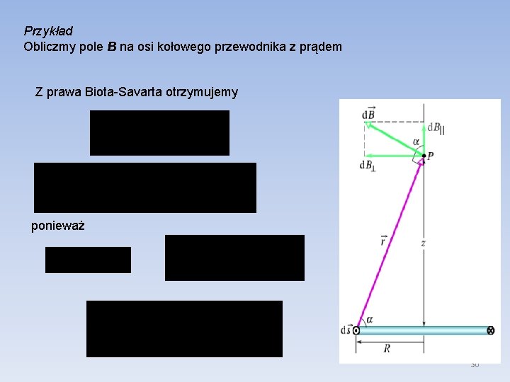 Przykład Obliczmy pole B na osi kołowego przewodnika z prądem Z prawa Biota-Savarta otrzymujemy