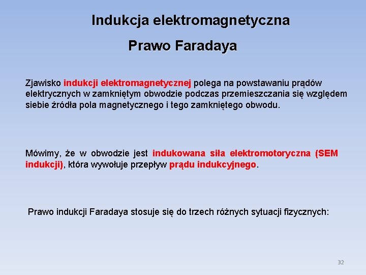 Indukcja elektromagnetyczna Prawo Faradaya Zjawisko indukcji elektromagnetycznej polega na powstawaniu prądów elektrycznych w zamkniętym