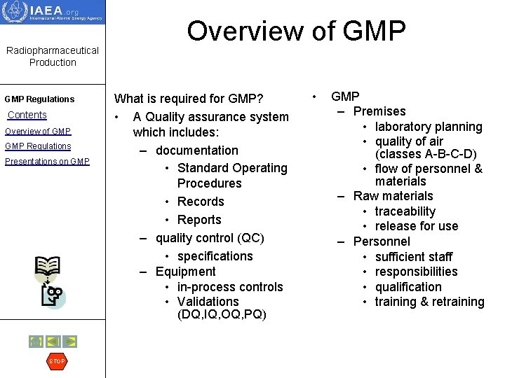 Radiopharmaceutical Production GMP Regulations Contents Overview of GMP Regulations Presentations on GMP STOP Overview