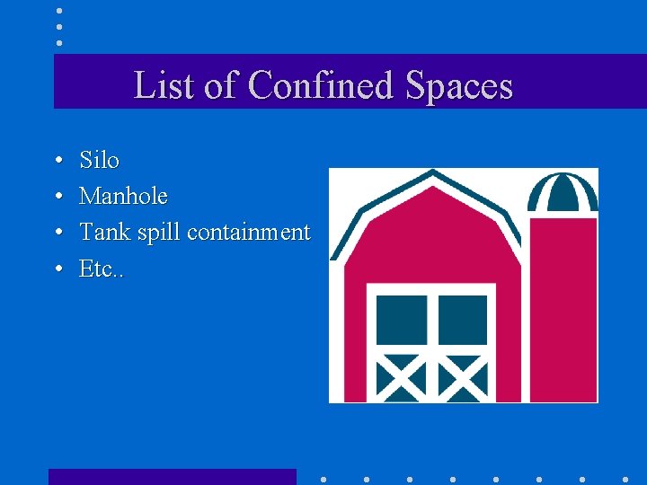 List of Confined Spaces • • Silo Manhole Tank spill containment Etc. . 