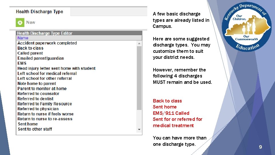 A few basic discharge types are already listed in Campus. Here are some suggested