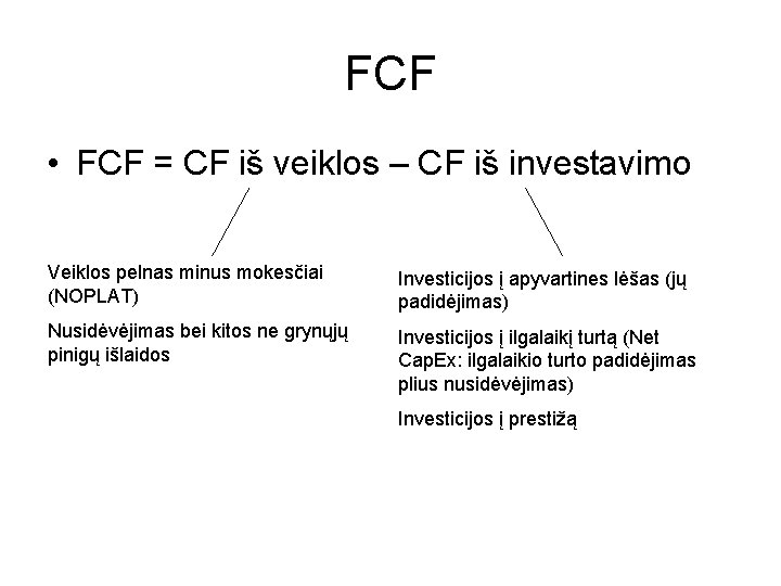 FCF • FCF = CF iš veiklos – CF iš investavimo Veiklos pelnas minus