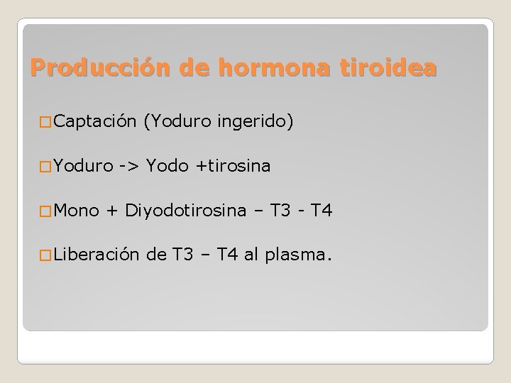 Producción de hormona tiroidea � Captación � Yoduro � Mono (Yoduro ingerido) -> Yodo Producción de hormona tiroidea � Captación � Yoduro � Mono (Yoduro ingerido) -> Yodo