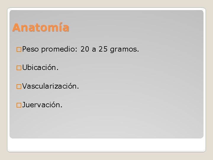Anatomía � Peso promedio: 20 a 25 gramos. � Ubicación. � Vascularización. � Juervación. Anatomía � Peso promedio: 20 a 25 gramos. � Ubicación. � Vascularización. � Juervación.