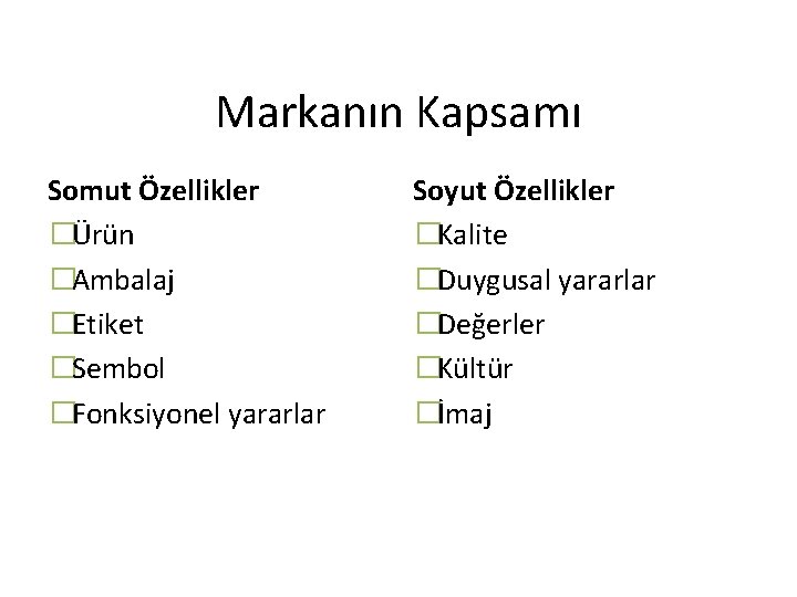 Markanın Kapsamı Somut Özellikler �Ürün �Ambalaj �Etiket �Sembol �Fonksiyonel yararlar Soyut Özellikler �Kalite �Duygusal