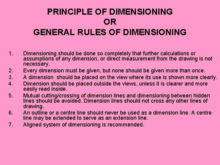 PRINCIPLE OF DIMENSIONING OR GENERAL RULES OF DIMENSIONING 1. 2. 3. 4. 5. 6.