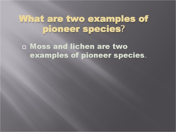 What are two examples of pioneer species? Moss and lichen are two examples of