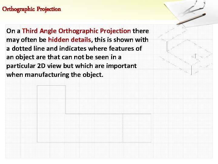 Orthographic Projection On a Third Angle Orthographic Projection there may often be hidden details,