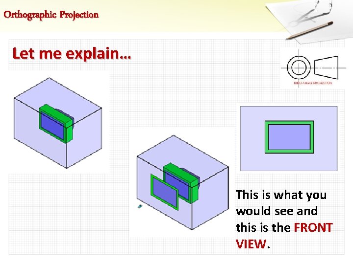 Orthographic Projection Let me explain… This is what you would see and this is