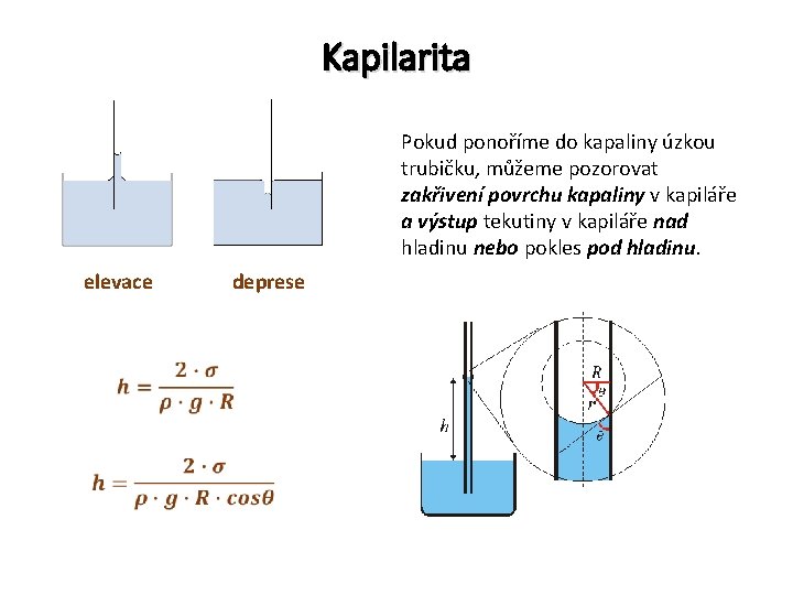 Kapilarita Pokud ponoříme do kapaliny úzkou trubičku, můžeme pozorovat zakřivení povrchu kapaliny v kapiláře