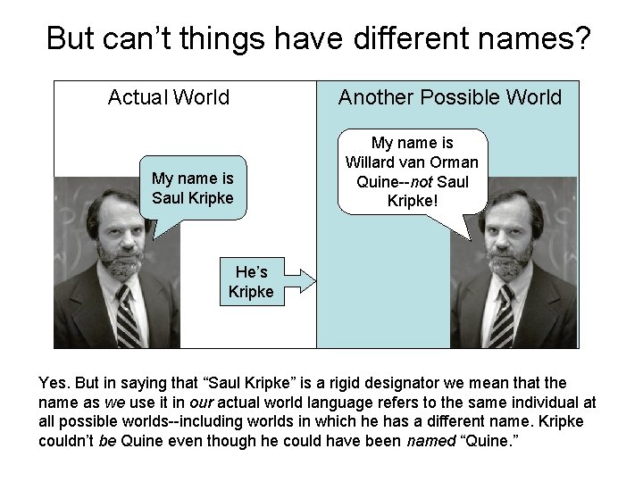 But can’t things have different names? Actual World My name is Saul Kripke Another But can’t things have different names? Actual World My name is Saul Kripke Another