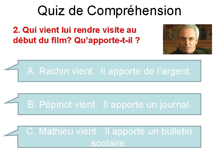 Quiz de Compréhension 2. Qui vient lui rendre visite au début du film? Qu’apporte-t-il