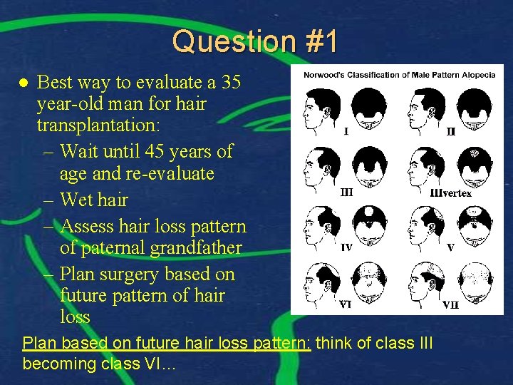 Question #1 l Best way to evaluate a 35 year-old man for hair transplantation: