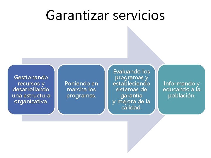 Garantizar servicios Gestionando recursos y desarrollando una estructura organizativa. Poniendo en marcha los programas.