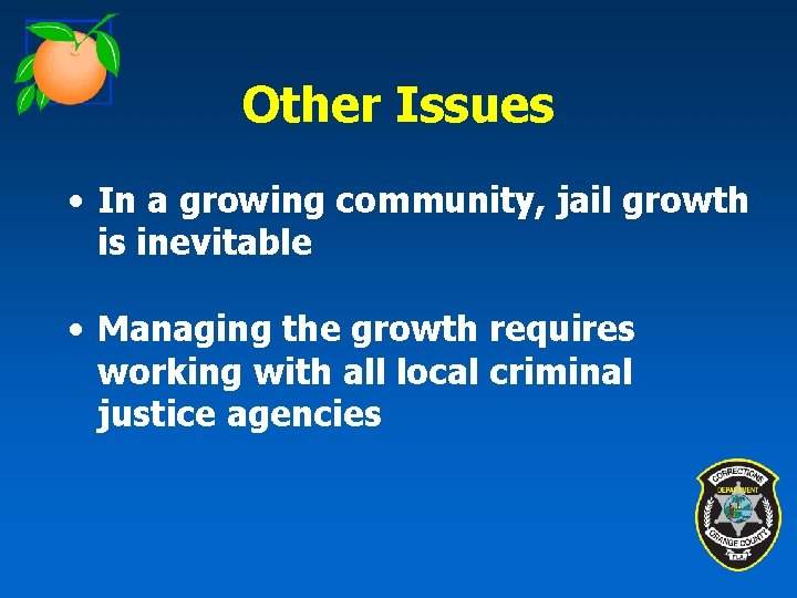 Other Issues • In a growing community, jail growth is inevitable • Managing the