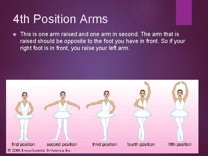 4 th Position Arms This is one arm raised and one arm in second.