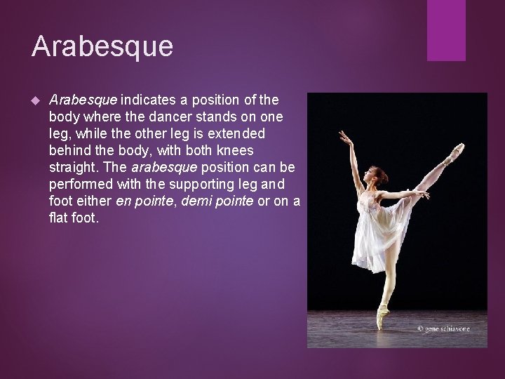 Arabesque indicates a position of the body where the dancer stands on one leg,