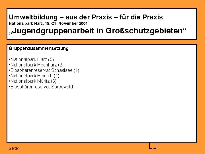 Umweltbildung – aus der Praxis – für die Praxis Nationalpark Harz, 19. -21. November