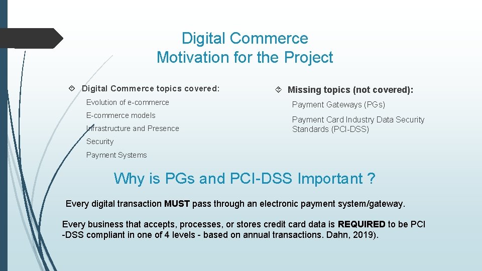 Digital Commerce Motivation for the Project Digital Commerce topics covered: Evolution of e-commerce E-commerce