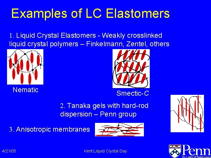 Examples of LC Elastomers 1. Liquid Crystal Elastomers - Weakly crosslinked liquid crystal polymers Examples of LC Elastomers 1. Liquid Crystal Elastomers - Weakly crosslinked liquid crystal polymers
