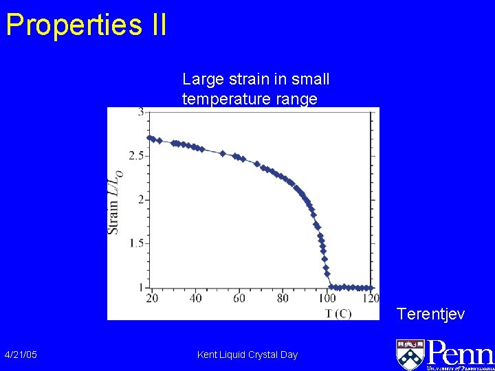 Properties II Large strain in small temperature range Terentjev 4/21/05 Kent Liquid Crystal Day Properties II Large strain in small temperature range Terentjev 4/21/05 Kent Liquid Crystal Day