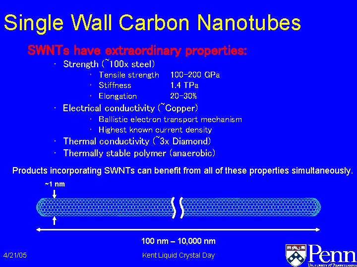 Single Wall Carbon Nanotubes SWNTs have extraordinary properties: • Strength (~100 x steel) • Single Wall Carbon Nanotubes SWNTs have extraordinary properties: • Strength (~100 x steel) •