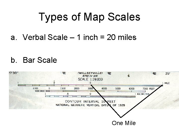 Types of Map Scales a. Verbal Scale – 1 inch = 20 miles b.