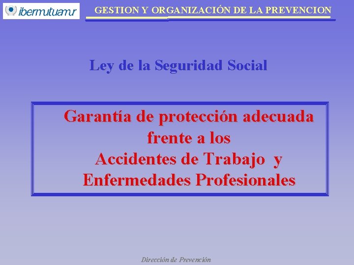 GESTION Y ORGANIZACIÓN DE LA PREVENCION Ley de la Seguridad Social Garantía de protección GESTION Y ORGANIZACIÓN DE LA PREVENCION Ley de la Seguridad Social Garantía de protección