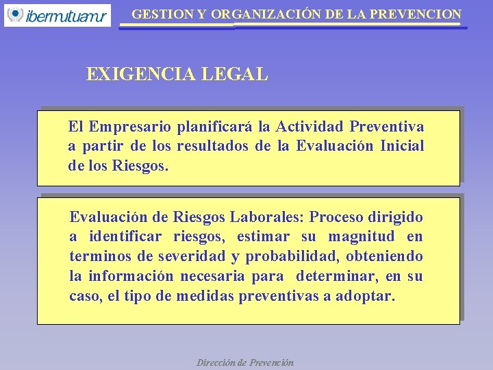 GESTION Y ORGANIZACIÓN DE LA PREVENCION EXIGENCIA LEGAL El Empresario planificará la Actividad Preventiva GESTION Y ORGANIZACIÓN DE LA PREVENCION EXIGENCIA LEGAL El Empresario planificará la Actividad Preventiva