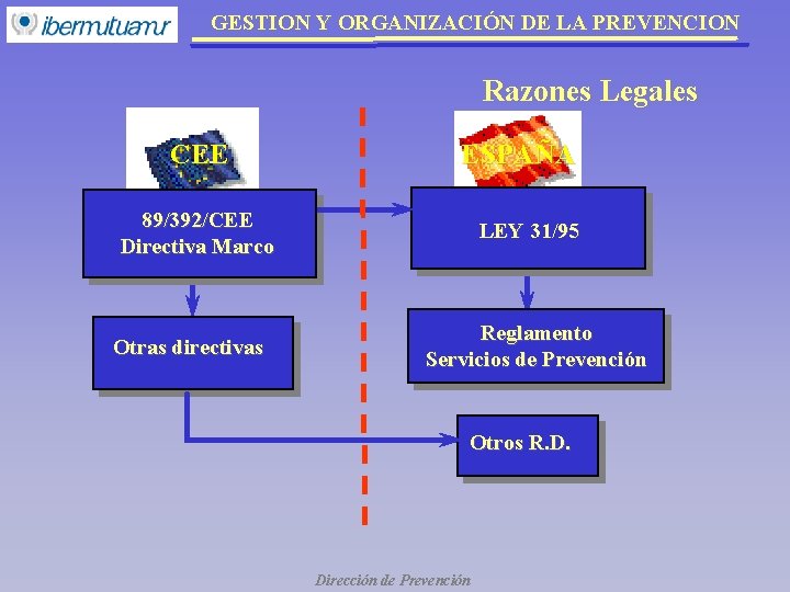 GESTION Y ORGANIZACIÓN DE LA PREVENCION Razones Legales CEE ESPAÑA 89/392/CEE Directiva Marco Otras GESTION Y ORGANIZACIÓN DE LA PREVENCION Razones Legales CEE ESPAÑA 89/392/CEE Directiva Marco Otras