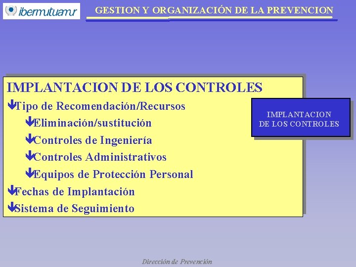 GESTION Y ORGANIZACIÓN DE LA PREVENCION IMPLANTACION DE LOS CONTROLES êTipo de Recomendación/Recursos êEliminación/sustitución GESTION Y ORGANIZACIÓN DE LA PREVENCION IMPLANTACION DE LOS CONTROLES êTipo de Recomendación/Recursos êEliminación/sustitución
